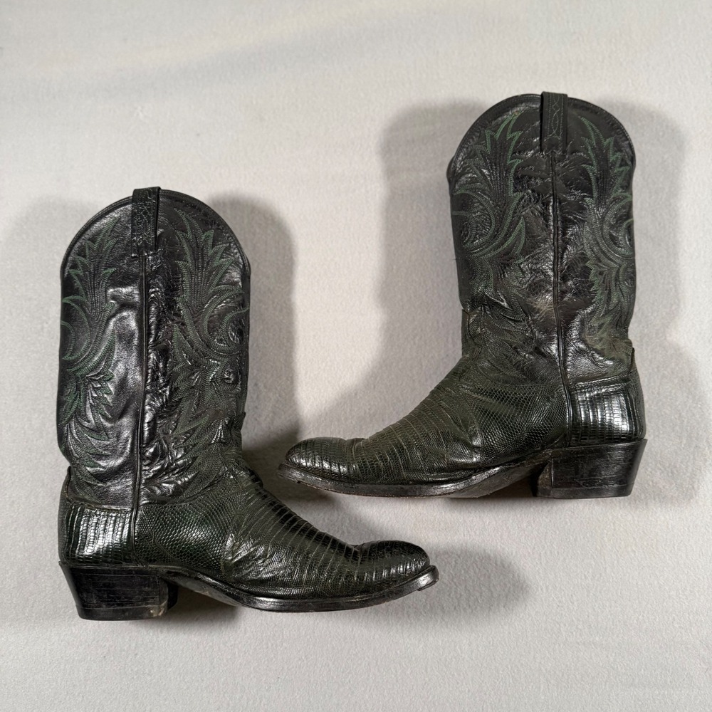Vintage Dan Post Lizard Skin Cowboy Boots Mens 10.5 EW Black and Green Western - Picture 2 of 8